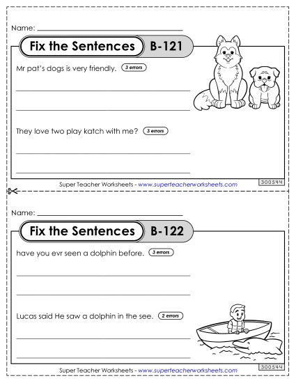 Fix the Sentences B-121 through B-125 (Printable PDF Worksheet)