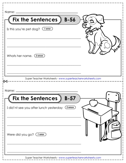 Fix the Sentences B-56 through B-60 (Printable PDF Worksheet)