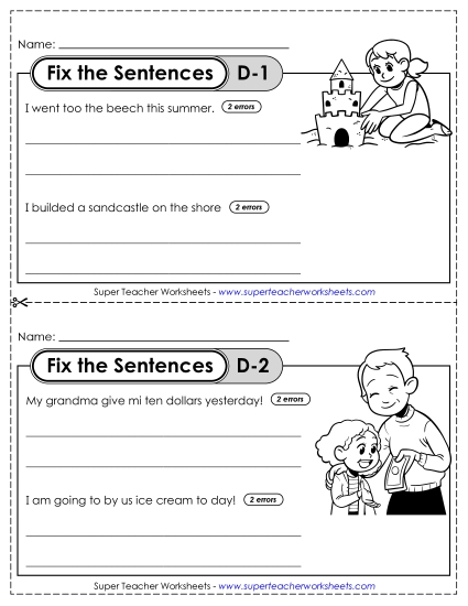 Fix the Sentences D-1 through D-5 (Printable PDF Worksheet)