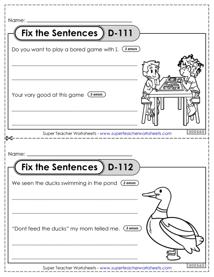 Fix the Sentences D-111 through D-115 (Printable PDF Worksheet)
