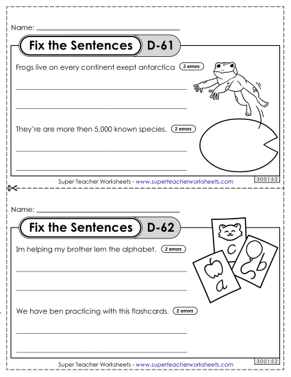 Fix the Sentences D-61 through D-65 (Printable PDF Worksheet)
