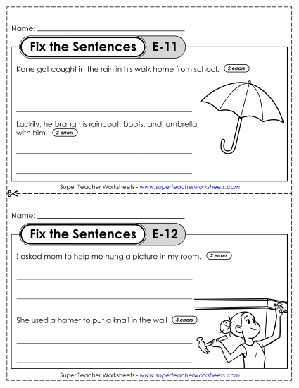 Fix the Sentences E-11 through E-15 (Printable PDF Worksheet)