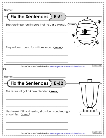 Fix the Sentences E-61 through E-65 (Printable PDF Worksheet)
