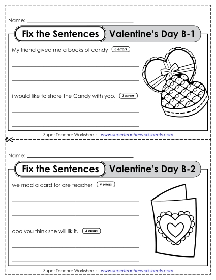 Proofreading - Fix the Sentences: Valentine's Day (Grade 2) (Printable PDF Worksheet)