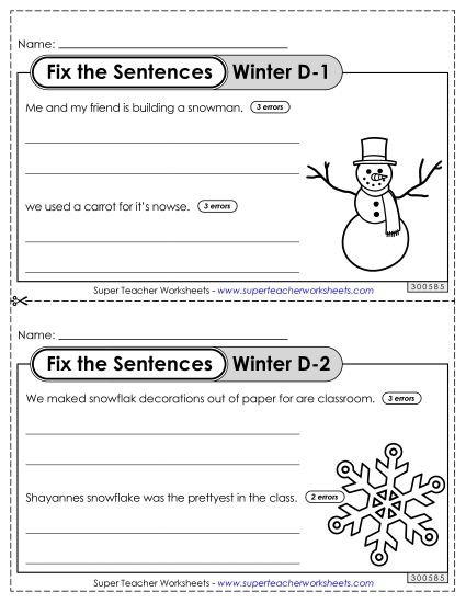 Holiday and Seasonal Proofreading - Fix the Sentences: Winter (Level D) (Printable PDF Worksheet)