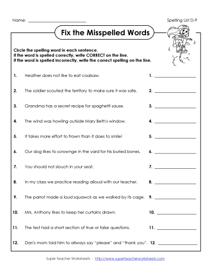 Worksheets - Fix the Spellings (D-9) (Printable PDF Worksheet)