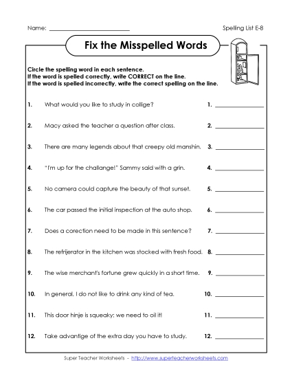 Printable Worksheets - Fix the Spellings (E-8) (Printable PDF Worksheet)