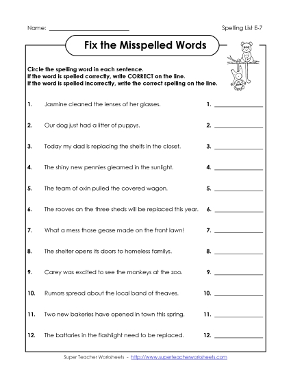 Printable Worksheets - Fix the Words (E-7) (Printable PDF Worksheet)