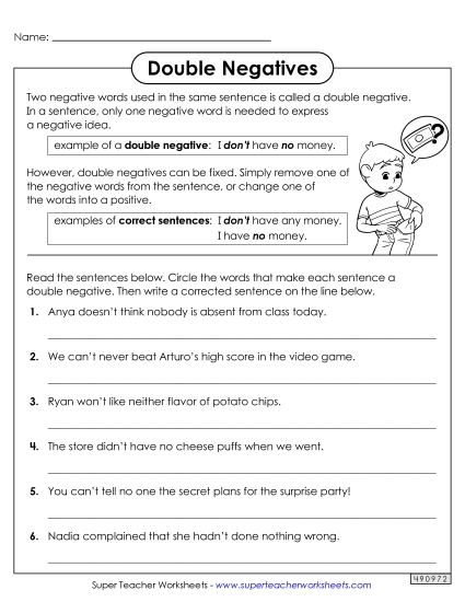 Worksheets - Fixing Double Negatives (Printable PDF Worksheet)