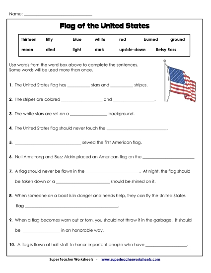 American Flag - Flag Fill-in-the-Blanks (Printable PDF Worksheet)