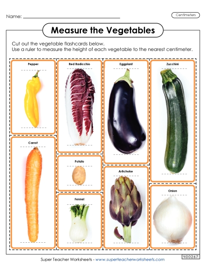 Measuring Centimeters - Flash Cards: Measure the Vegetables (Nearest Centimeter)  (Printable PDF Worksheet)