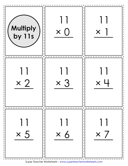 Multiplication by 11s Only - Flash Cards: Multiplying by 11 (Printable PDF Worksheet)