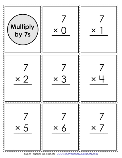 Multiplication by 7s Only - Flash Cards: Multiplying by 7s (Printable PDF Worksheet)