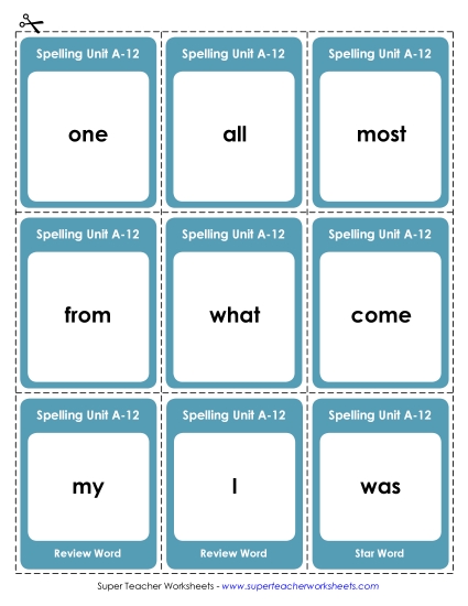 Flashcards, Word Wheel, and Slider - Flashcards (A-12) (Printable PDF Worksheet)