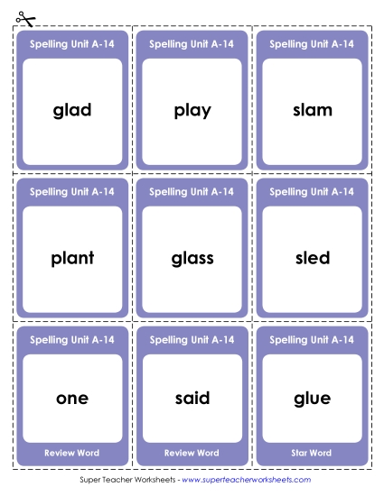 Flashcards, Word Wheel, and Slider - Flashcards (A-14) (Printable PDF Worksheet)