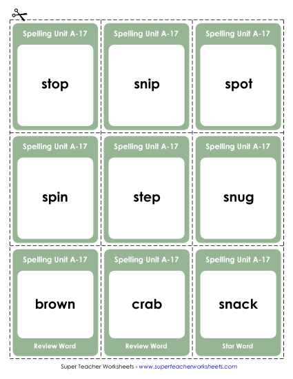 Flashcards, Word Wheel, and Slider - Flashcards (A-17) (Printable PDF Worksheet)