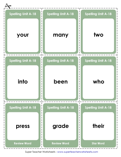 Flashcards, Word Wheel, and Slider - Flashcards (A-18) (Printable PDF Worksheet)