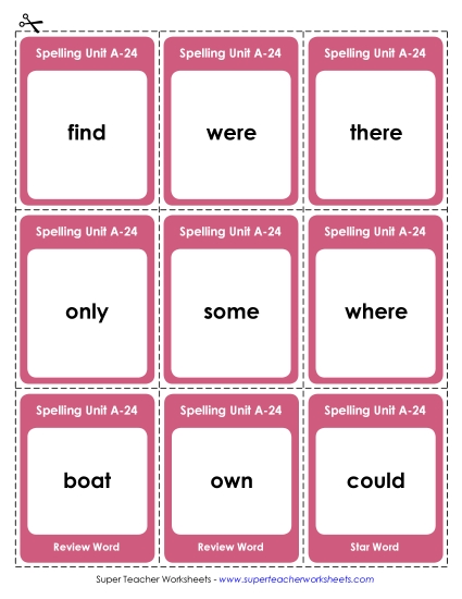 Flashcards, Word Wheel, and Slider - Flashcards (A-24) (Printable PDF Worksheet)