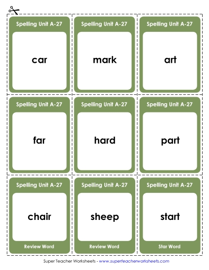 Flashcards, Word Wheel, and Slider - Flashcards (A-27) (Printable PDF Worksheet)