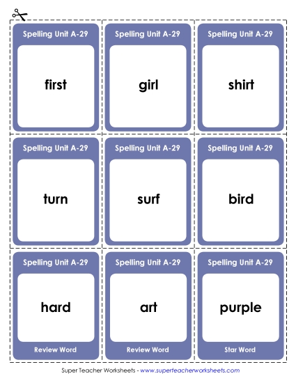 Flashcards, Word Wheel, and Slider - Flashcards (A-29) (Printable PDF Worksheet)