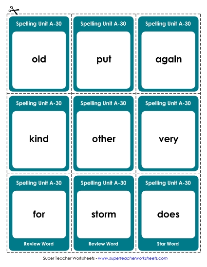 Flashcards, Word Wheel, and Slider - Flashcards (A-30) (Printable PDF Worksheet)