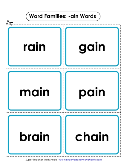 Word Slider, Flashcards, and Word Wheel - Flashcards (-ain) (Printable PDF Worksheet)