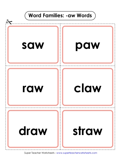 Word Slider, Flashcards, and Word Wheel - Flashcards (-aw) (Printable PDF Worksheet)