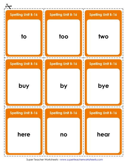 Flashcards, Word Wheel, and Slider - Flashcards (B-16) (Printable PDF Worksheet)