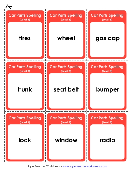 Flashcards, Word Wheel, and Slider - Flashcards (B-Car Parts) (Printable PDF Worksheet)