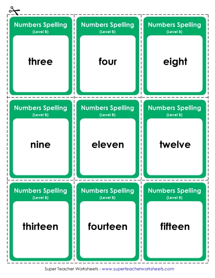 Flashcards, Word Wheel, and Slider - Flashcards (B-Number Words)  (Printable PDF Worksheet)