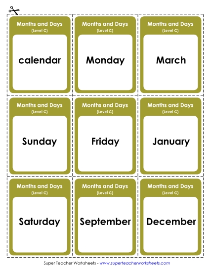 Flashcards and Word Wheel - Flashcards (C-Months and Days)  (Printable PDF Worksheet)