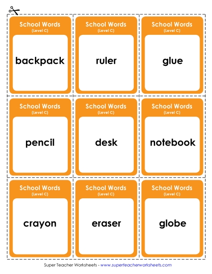 Flashcards and Word Wheel - Flashcards (C-School Words)  (Printable PDF Worksheet)