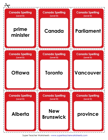 Flashcards - Flashcards (D-Canada Words)  (Printable PDF Worksheet)