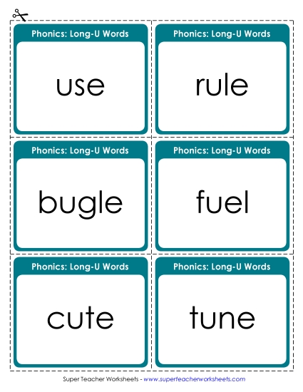 Flash Cards, Sliders, and Word Wheels - Flashcards (Long U) (Printable PDF Worksheet)
