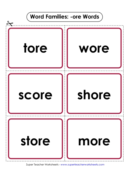 Word Slider, Flashcards, and Word Wheel - Flashcards (-ore) (Printable PDF Worksheet)