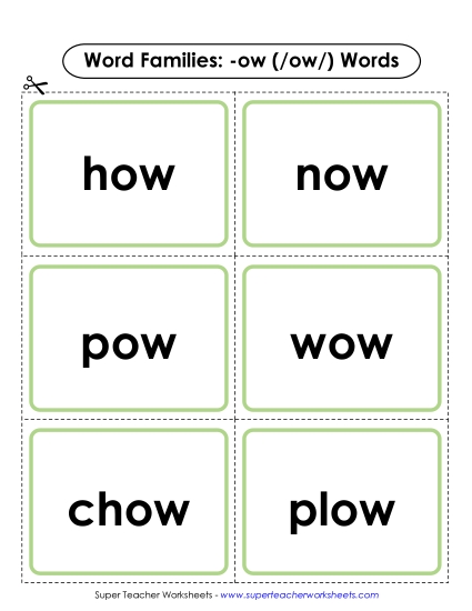 Word Slider, Flashcards, and Word Wheel /ow/ Sound (as in Cow) - Flashcards (-ow) (Printable PDF Worksheet)