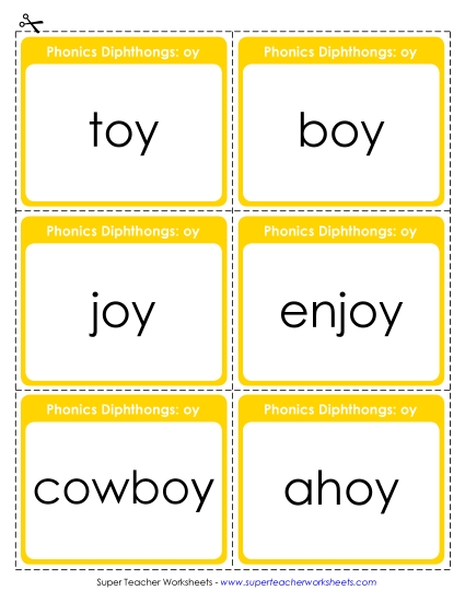 Word Sliders, Flashcards, and Wheels - Flashcards: OY Words (Printable PDF Worksheet)
