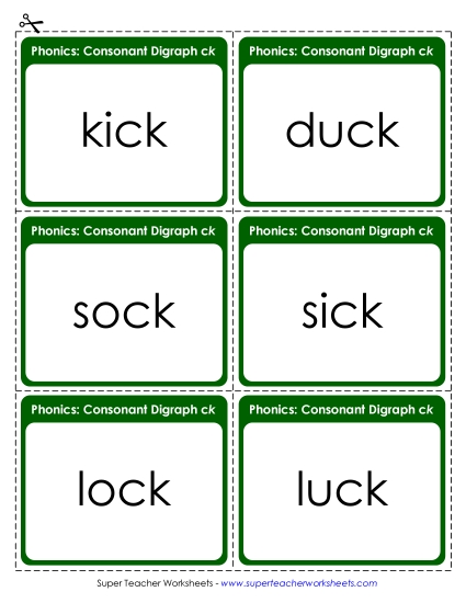 Flashcards, Sliders, and Word Wheels - Flashcards:   Words Ending with /ck/ (Printable PDF Worksheet)