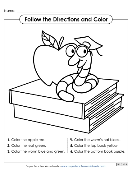 Following Directions - Follow the Directions and Color: Bookworm Picture (Printable PDF Worksheet)