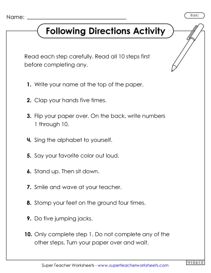 Following Directions - Following Directions Activity (Basic) (Printable PDF Worksheet)