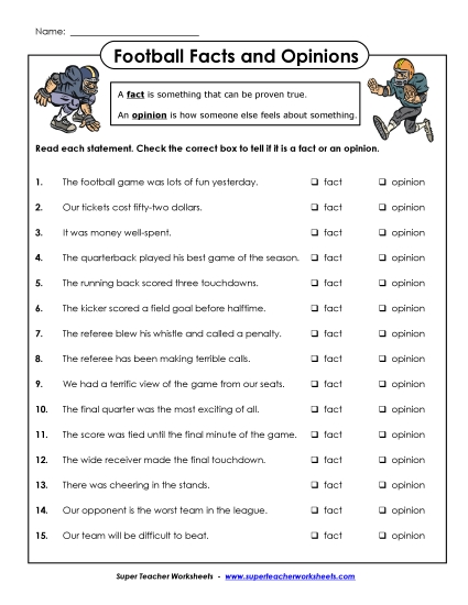 Reading & Writing - Football Fact & Opinion (Printable PDF Worksheet)