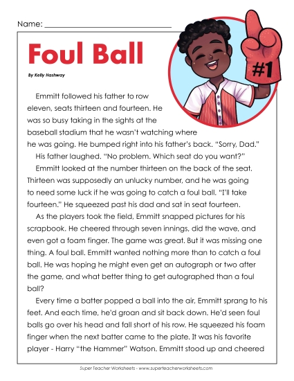 Fiction Stories - Foul Ball (Fiction) (Printable PDF Worksheet)