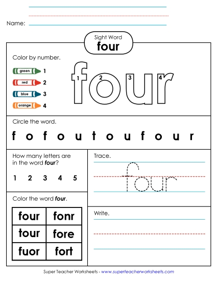 Individual Sight Words - Four (Sight Word) (Printable PDF Worksheet)