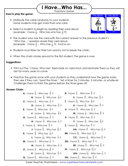 Basic Fraction Games - Fraction Game: I have.. Who has... (Printable PDF Worksheet)