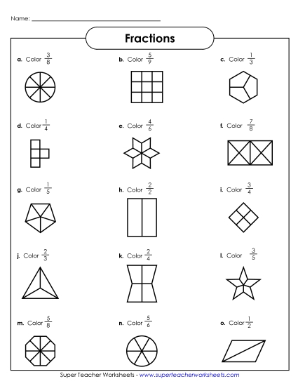 Fractions of Shapes Worksheets - Fraction Shapes 3 (Printable PDF Worksheet)