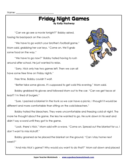 Fiction Stories - Friday Night Football (Printable PDF Worksheet)
