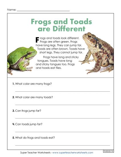 Animal Articles - Frogs and Toads Are Different (Short Article) (Printable PDF Worksheet)