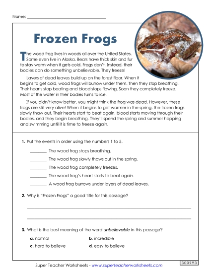 Amphibians - Frozen Frogs (Short Article) (Printable PDF Worksheet)