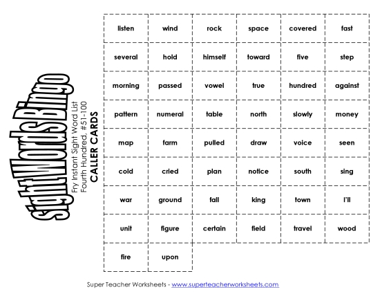 Level 4: Fourth Hundred - Fry Bingo: Fourth Hundred 51-100 (Printable PDF Worksheet)