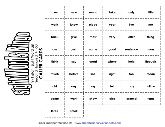 Level 2: Second Hundred - Fry Bingo: Second Hundred 1-50 (Printable PDF Worksheet)